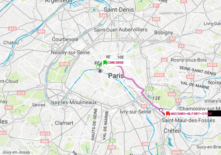 plan itinéraire ratp de Concorde à Maisons-Alfort-Stade