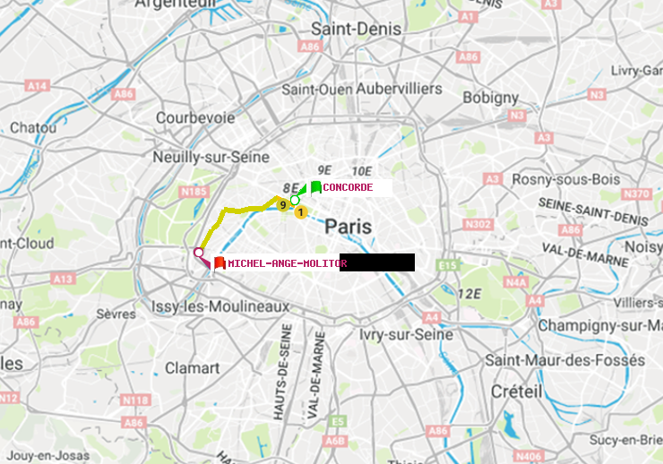 plan itinéraire ratp de Concorde à Michel-Ange-Molitor