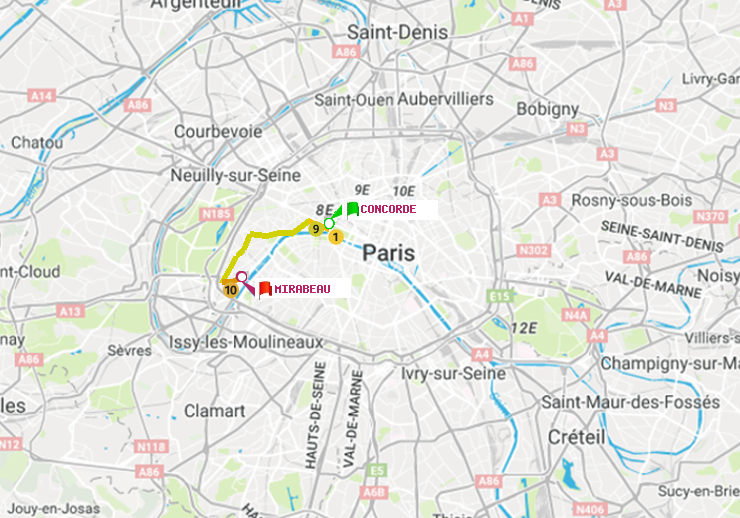 plan itinéraire ratp de Concorde à Mirabeau