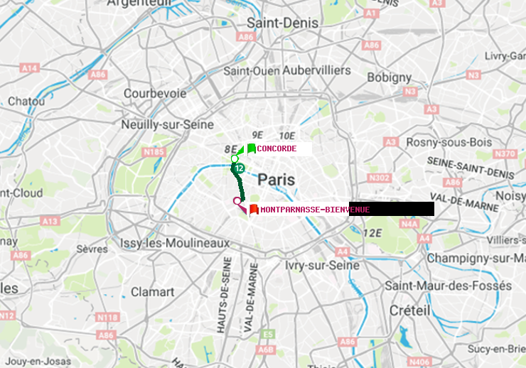 plan itinéraire ratp de Concorde à Montparnasse-Bienvenue