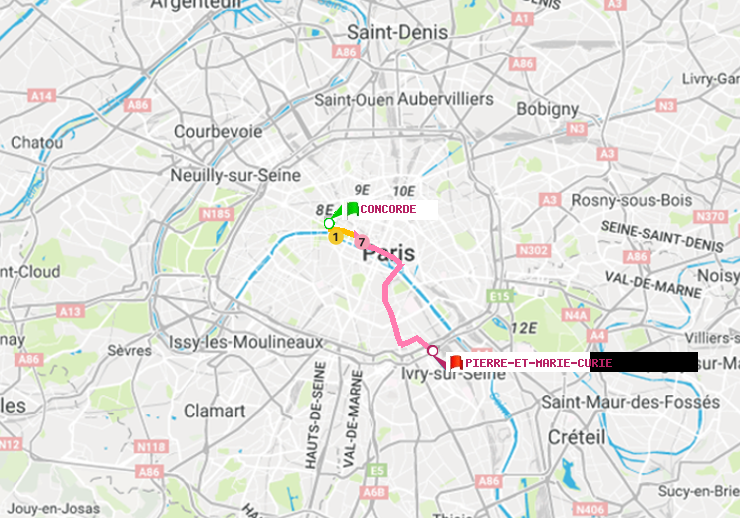 plan itinéraire ratp de Concorde à Pierre et Marie Curie