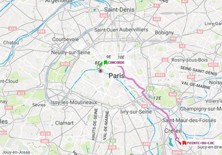 plan itinéraire ratp de Concorde à Pointe du Lac