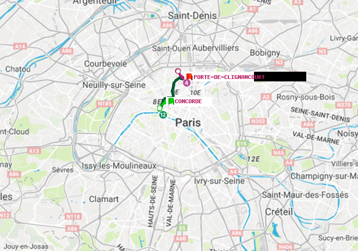 plan itinéraire ratp de Concorde à Porte de Clignancourt