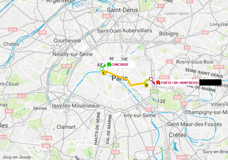 plan itinéraire ratp de Concorde à Porte de Montreuil