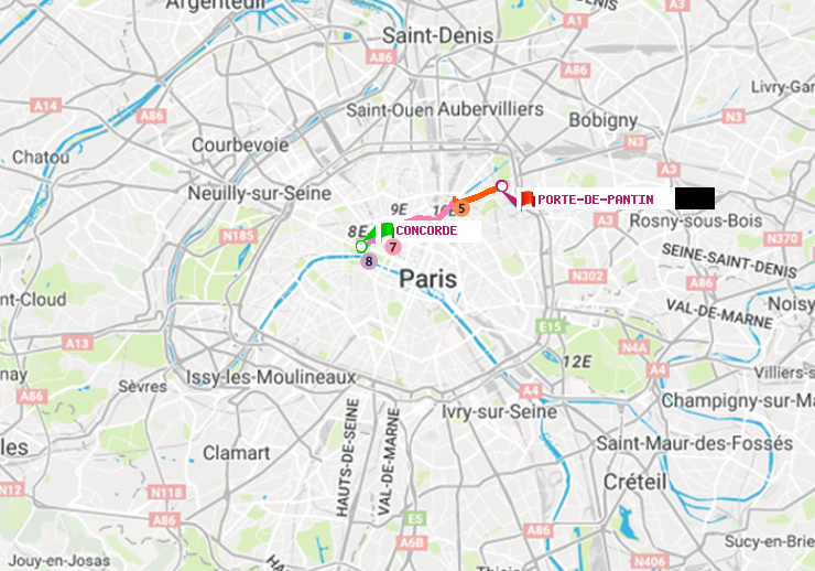 plan itinéraire ratp de Concorde à Porte de Pantin