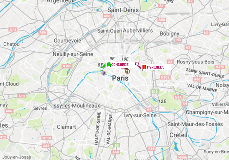 plan itinéraire ratp de Concorde à Pyrenees