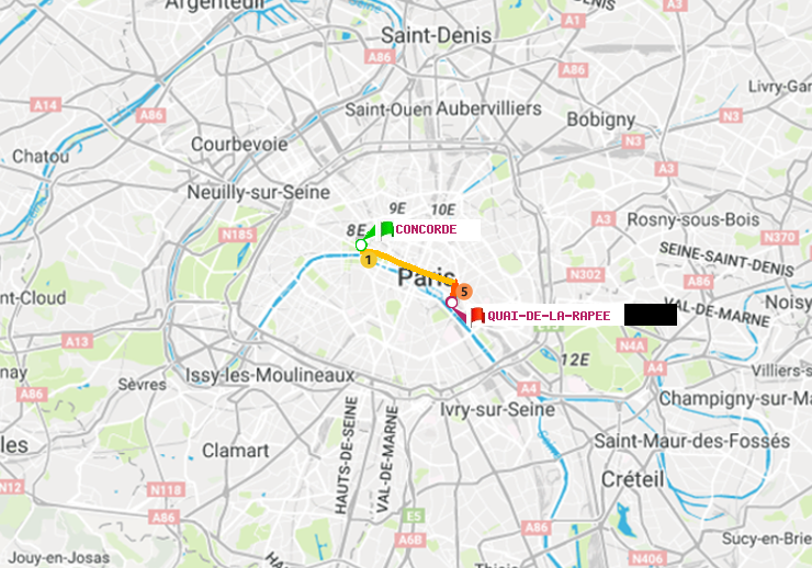 plan itinéraire ratp de Concorde à Quai de la Rapée
