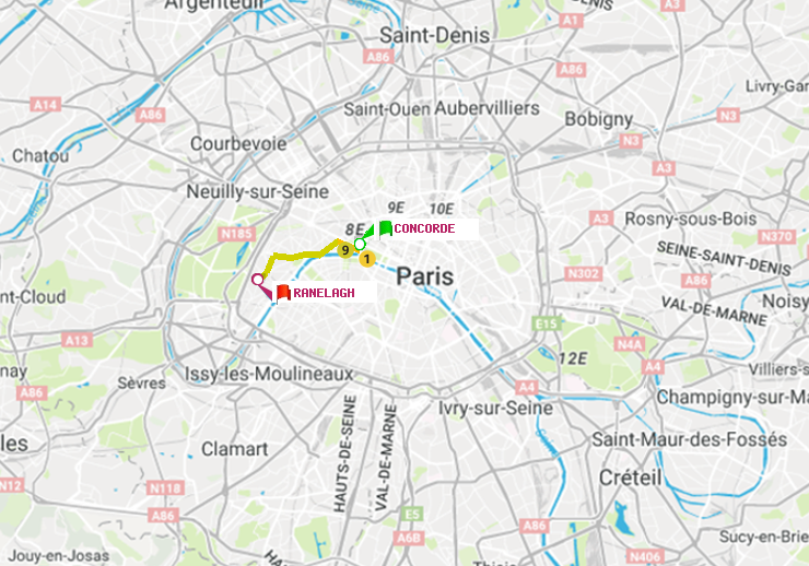 plan itinéraire ratp de Concorde à Ranelagh