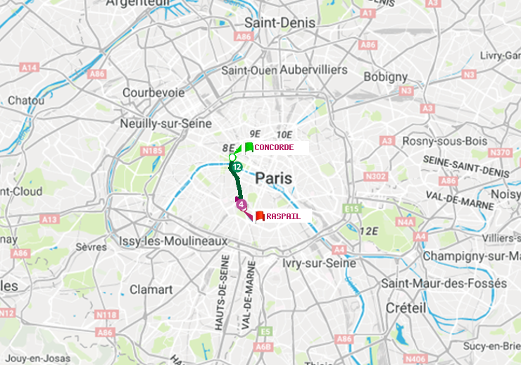 plan itinéraire ratp de Concorde à Raspail