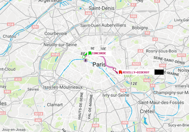 plan itinéraire ratp de Concorde à Reuilly-Diderot