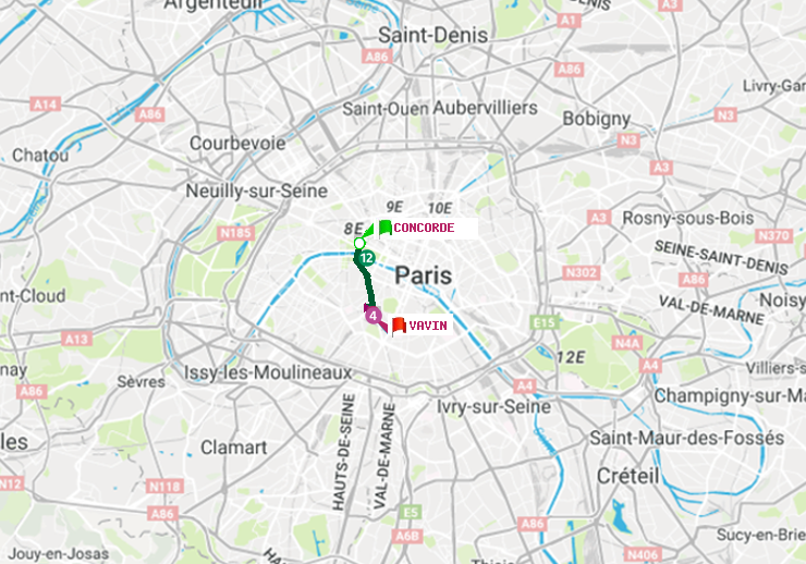 plan itinéraire ratp de Concorde à Vavin