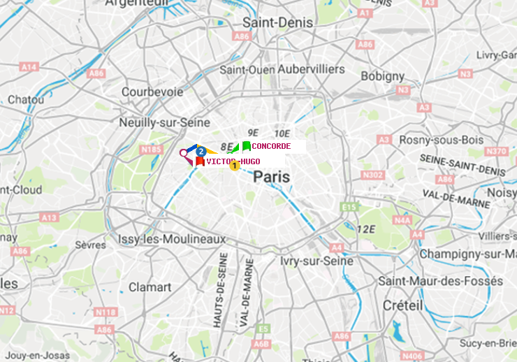 plan itinéraire ratp de Concorde à Victor Hugo