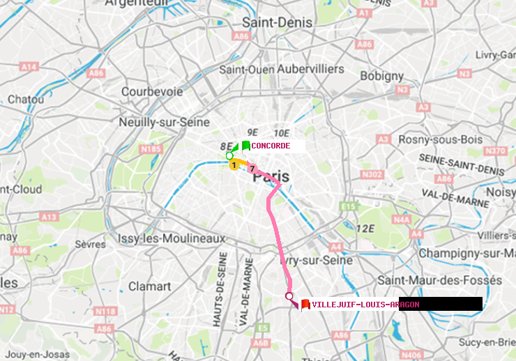 plan itinéraire ratp de Concorde à Villejuif-Louis Aragon