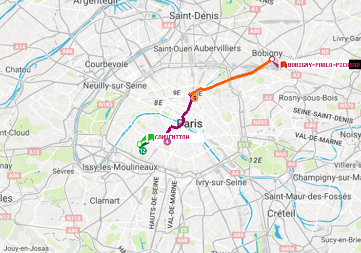 plan itinéraire ratp de Convention à Bobigny-Pablo-Picasso