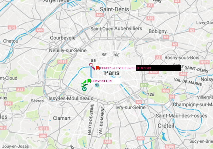 plan itinéraire ratp de Convention à Champs-Elysées-Clémenceau