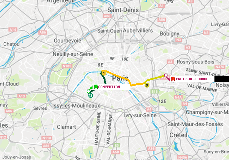 plan itinéraire ratp de Convention à Croix-de-Chavaux (Jacques Duclos)