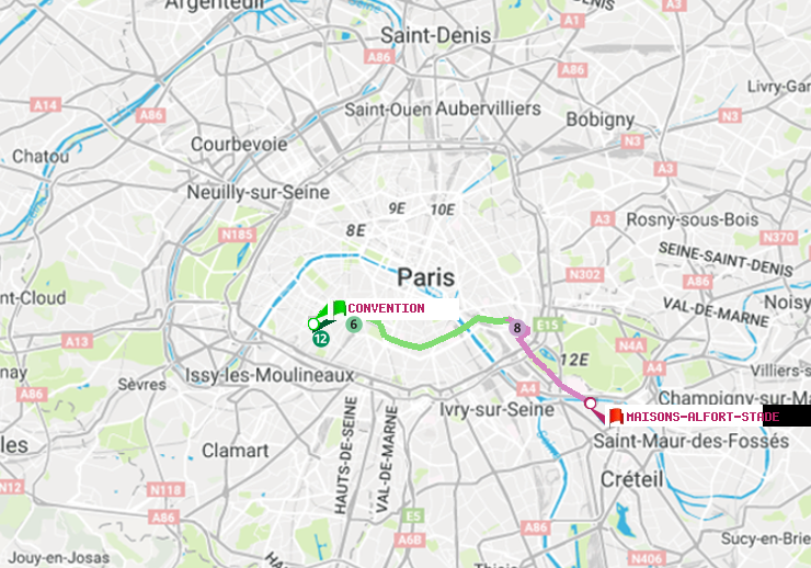 plan itinéraire ratp de Convention à Maisons-Alfort-Stade