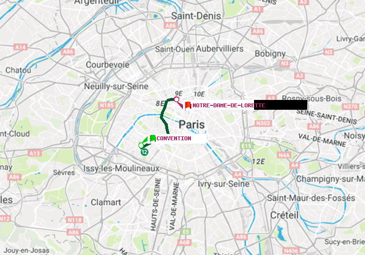 plan itinéraire ratp de Convention à Notre-Dame de Lorette
