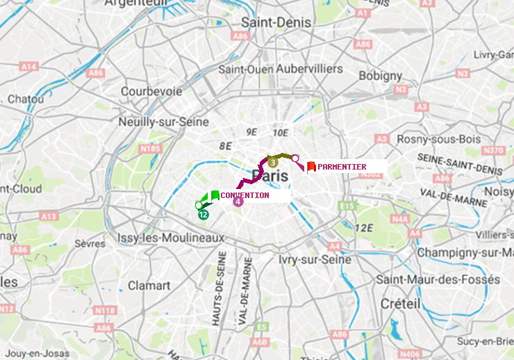 plan itinéraire ratp de Convention à Parmentier