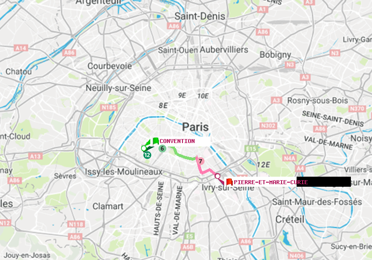 plan itinéraire ratp de Convention à Pierre et Marie Curie