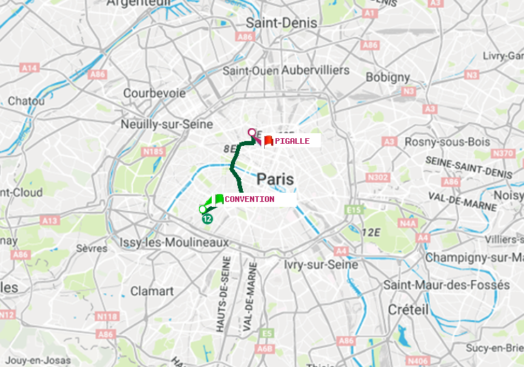 plan itinéraire ratp de Convention à Pigalle