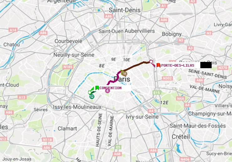 plan itinéraire ratp de Convention à Porte des Lilas