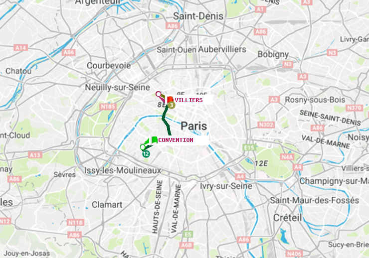 plan itinéraire ratp de Convention à Villiers