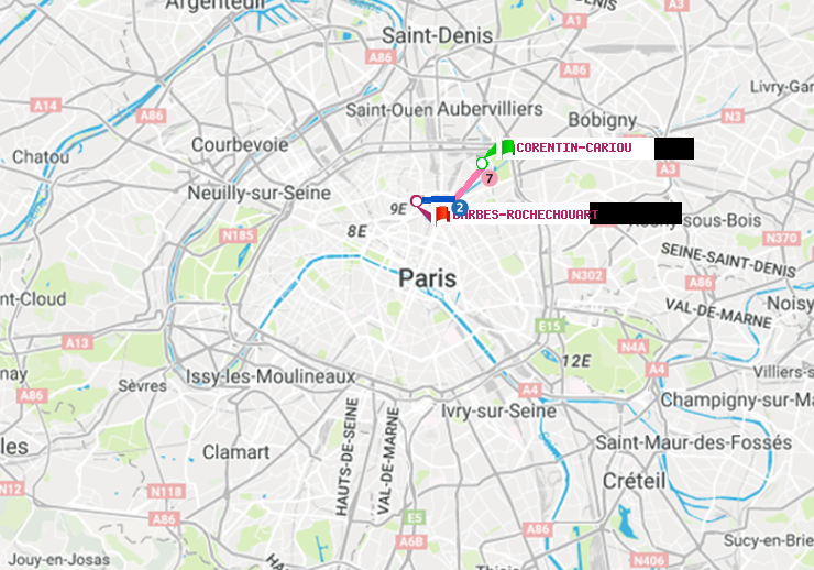 plan itinéraire ratp de Corentin-Cariou à Barbès-Rochechouart