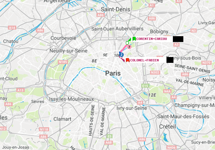 plan itinéraire ratp de Corentin-Cariou à Colonel Fabien
