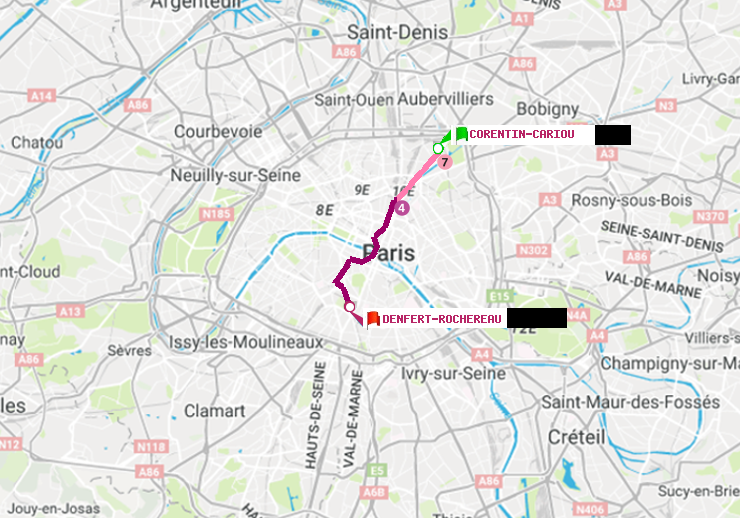 plan itinéraire ratp de Corentin-Cariou à Denfert-Rochereau