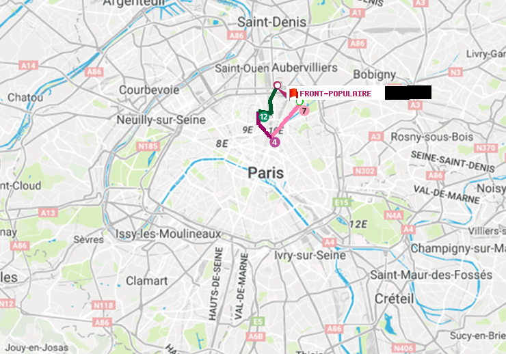 plan itinéraire ratp de Corentin-Cariou à Front Populaire