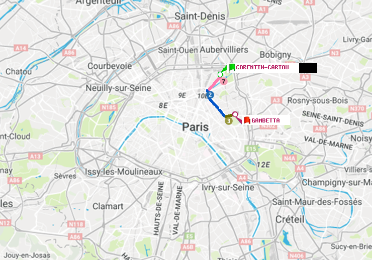 plan itinéraire ratp de Corentin-Cariou à Gambetta