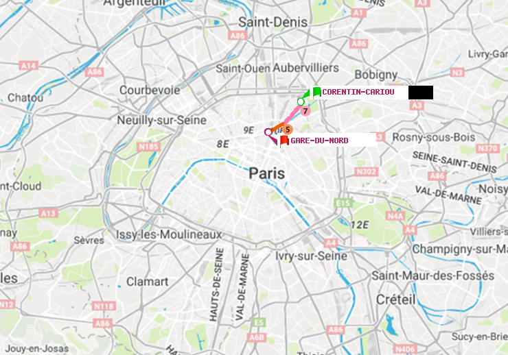 plan itinéraire ratp de Corentin-Cariou à Gare du Nord
