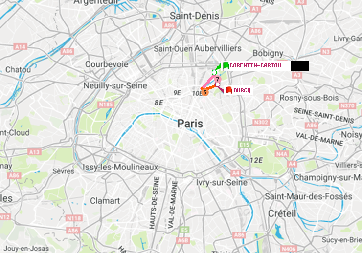 plan itinéraire ratp de Corentin-Cariou à Ourcq