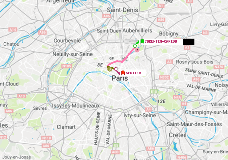 plan itinéraire ratp de Corentin-Cariou à Sentier