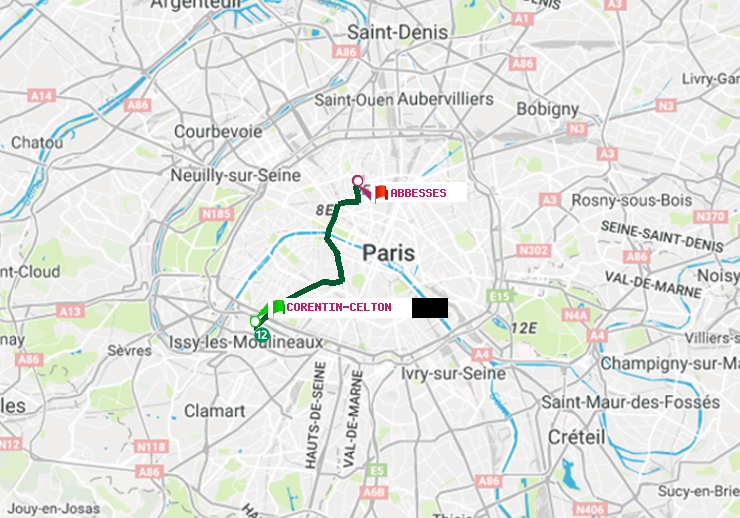 plan itinéraire ratp de Corentin-Celton à Abbesses