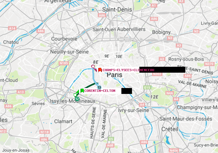 plan itinéraire ratp de Corentin-Celton à Champs-Elysées-Clémenceau