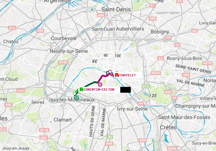 plan itinéraire ratp de Corentin-Celton à Châtelet