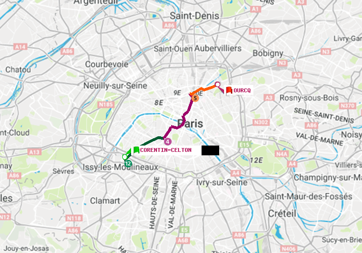 plan itinéraire ratp de Corentin-Celton à Ourcq