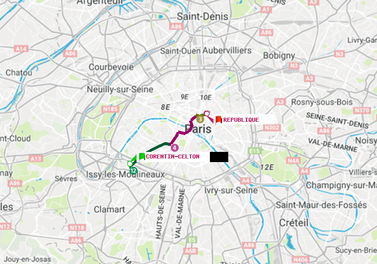 plan itinéraire ratp de Corentin-Celton à République