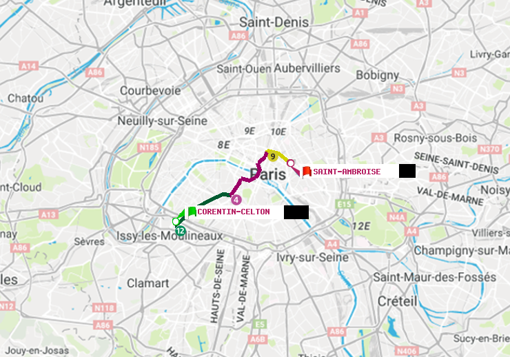 plan itinéraire ratp de Corentin-Celton à Saint-Ambroise