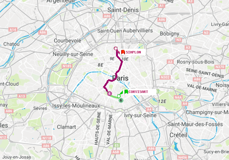 plan itinéraire ratp de Corvisart à Simplon