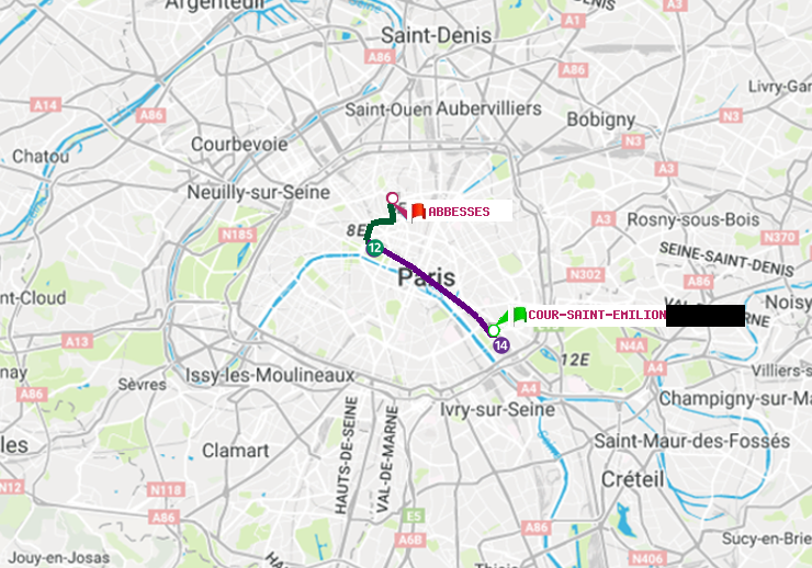 plan itinéraire ratp de Cour Saint-Emilion à Abbesses
