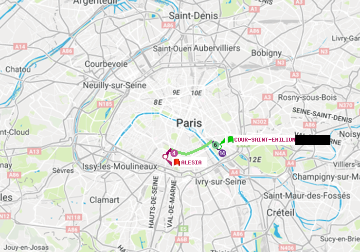 plan itinéraire ratp de Cour Saint-Emilion à Alésia