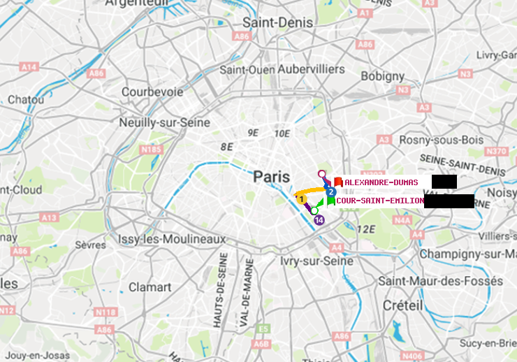 plan itinéraire ratp de Cour Saint-Emilion à Alexandre-Dumas