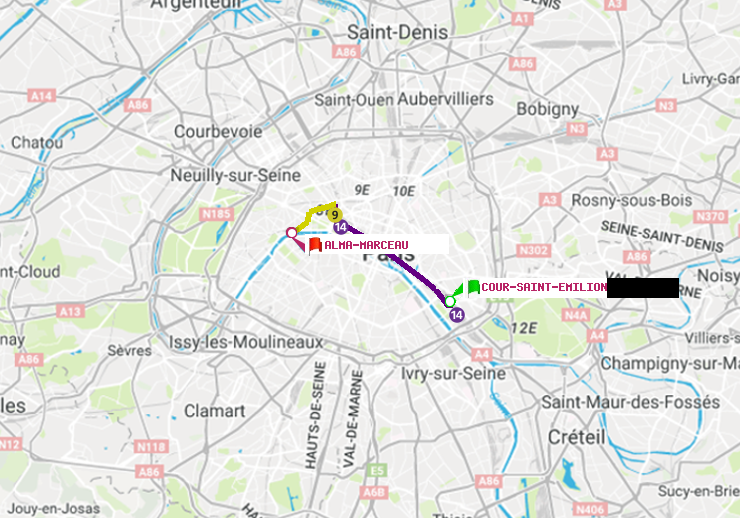plan itinéraire ratp de Cour Saint-Emilion à Alma-Marceau
