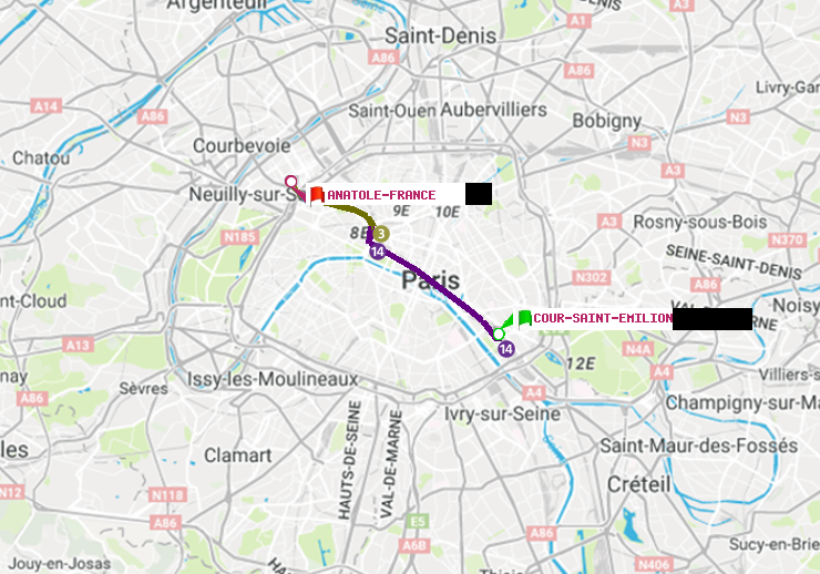 plan itinéraire ratp de Cour Saint-Emilion à Anatole-France