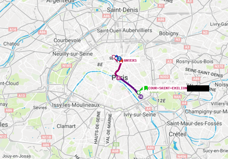 plan itinéraire ratp de Cour Saint-Emilion à Anvers