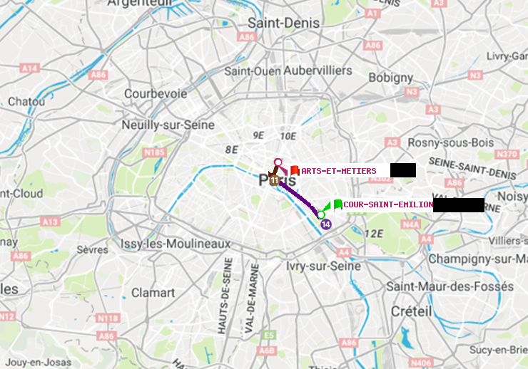 plan itinéraire ratp de Cour Saint-Emilion à Arts-et-Métiers