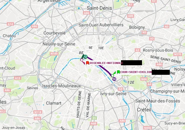plan itinéraire ratp de Cour Saint-Emilion à Assemblée Nationale